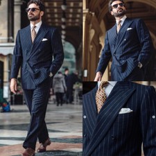 Navy Blue Pinstriped Men's Suits 2Pcs Casual Business Formal Wedding Tuxedos