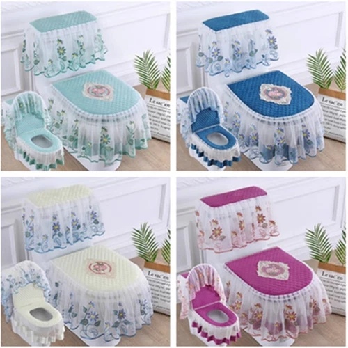 3 Pcs/set Floral Lace Mesh Velvet Toilet Seat Cover Zipper Lid Pads Protector - Picture 4 of 24