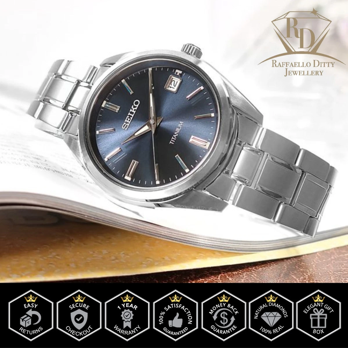 SEIKO Mens Watch Classic Quartz Blue Dial Grey Titanium Gift for