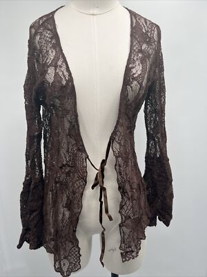 Ritratto By Fima Italy Women's Lace Pattern Open Front Bell Sleeve Brown Blouse