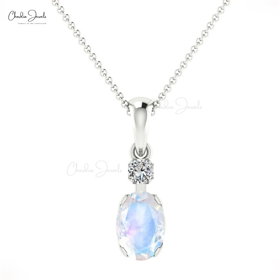 Collar Colgante Piedra Lunar Arco Iris Natural Oro Sólido 14k Diamante Dije Joyería Foto 3 de 4