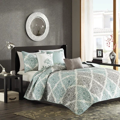 QUALITY BEAUTIFUL MODERN ELEGANT CHIC TROPICAL LEAF SOFT LIGHT BLUE AQUA GREY QUILT SET