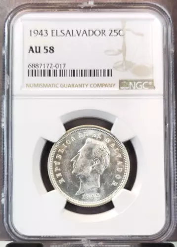 1943 EL SALVADOR SILVER 25 CENTAVOS NGC AU 58 SCARCE LOOKS HIGHER GRADE