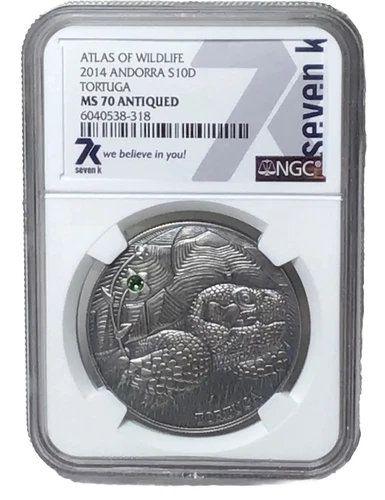 ATLAS OF WILDLIFE 2014 ANDORRA S10D TORTUGA NGC MS70 ANTIQUED SEVEN K LABEL