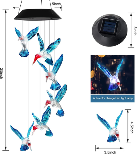 Hummingbird Wind Chimes Lights Outdoor Garden Solar Wind Chimes Color Changing H - Picture 7 of 9