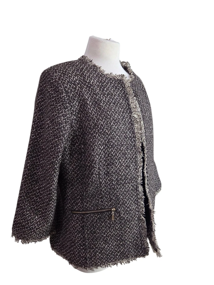 Blazer Joan Rivers Tweed Boucle Chaqueta de Carrera con Flecos Frente Abierto Forrado Talla 16 Foto 4 de 4