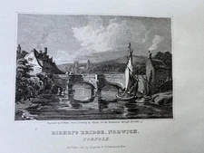 ENGRAVING BISHOPS BRIDGE NORWICH NORFOLK 1818 Drawn Thirtle  Engraver W Wallis