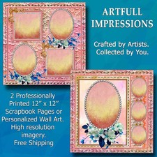 Easter - Peach Blush  Blue Floral Lace Set of 2 Wall Art or Scrapbook Pages