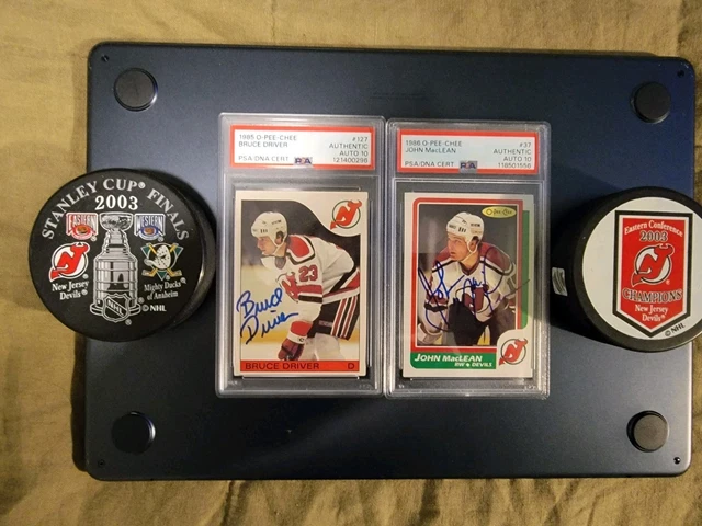 Super Rare John MacLean & Bruce Driver PSA 10 Auto RC Pair + 2 Devils Pucks!