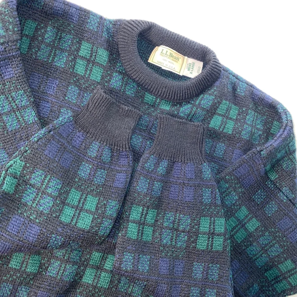 VTG LL Bean Wool Sweater Blackwatch Tartan Plaid Men XL Green Preppy Grandpa USA - Image 2 of 4