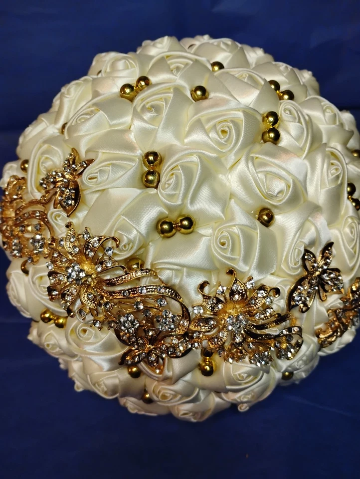 Champagne Gold Colored Broach On Ivory Satin Rose Style Bridal Bouquet With... - Image 4 of 4