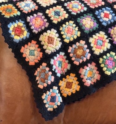 Hand Crocheted Black Brightly Colored Granny Square Throw Afghan 48x34  Vintage