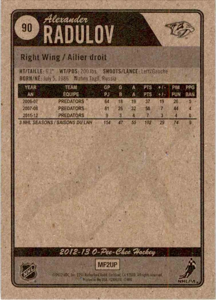 2012-13 O-Pee-Chee Alexander Radulov #90 - Image 2 of 2