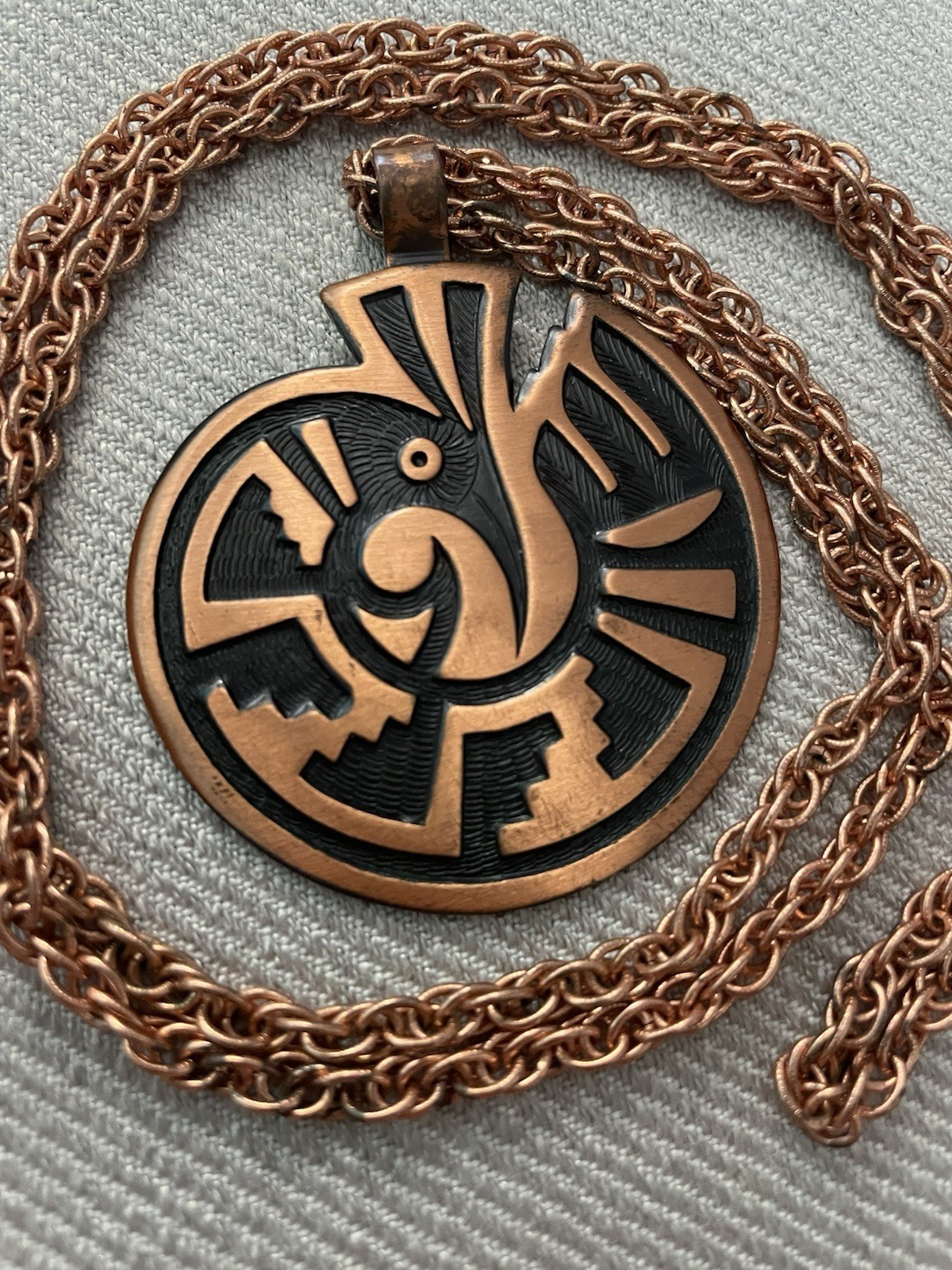 Solid Copper Stepped Meander Aztec Bird Necklace - image 2