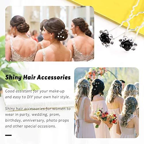 Swpeet 40 piezas alfileres de cristal negros en forma de U rosa flor estrás cabello Foto 2 de 4