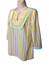 Crown & Ivy Cotton Blouse Size S V-Neck Striped Yellow/White Mint Fringe Women's
