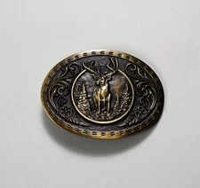 Gold Oval Deer Buck Belt Buckle Antlers Hunting Forest Woods Nature Bow Hunter