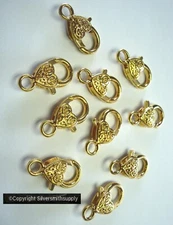 10 LARGE Heart shaped 25mm l inch long lobster claws Gold Pl Zinc FPC008