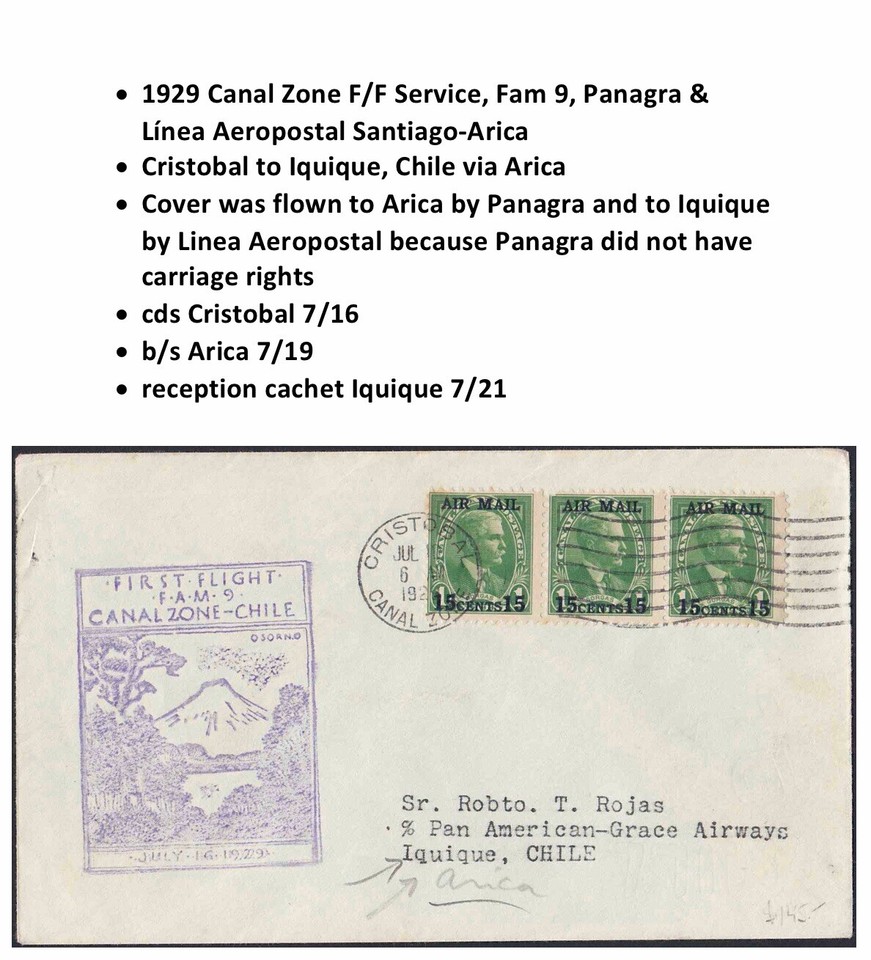 US First Flight Cover Cristobal to Iquique Chile 1929 Pan Am & Linea