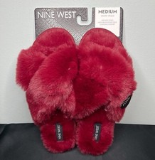 NINE WEST Women's Fluffy Soft Memory Foam Slippers Red Maroon Sz M US 7-8 NEW