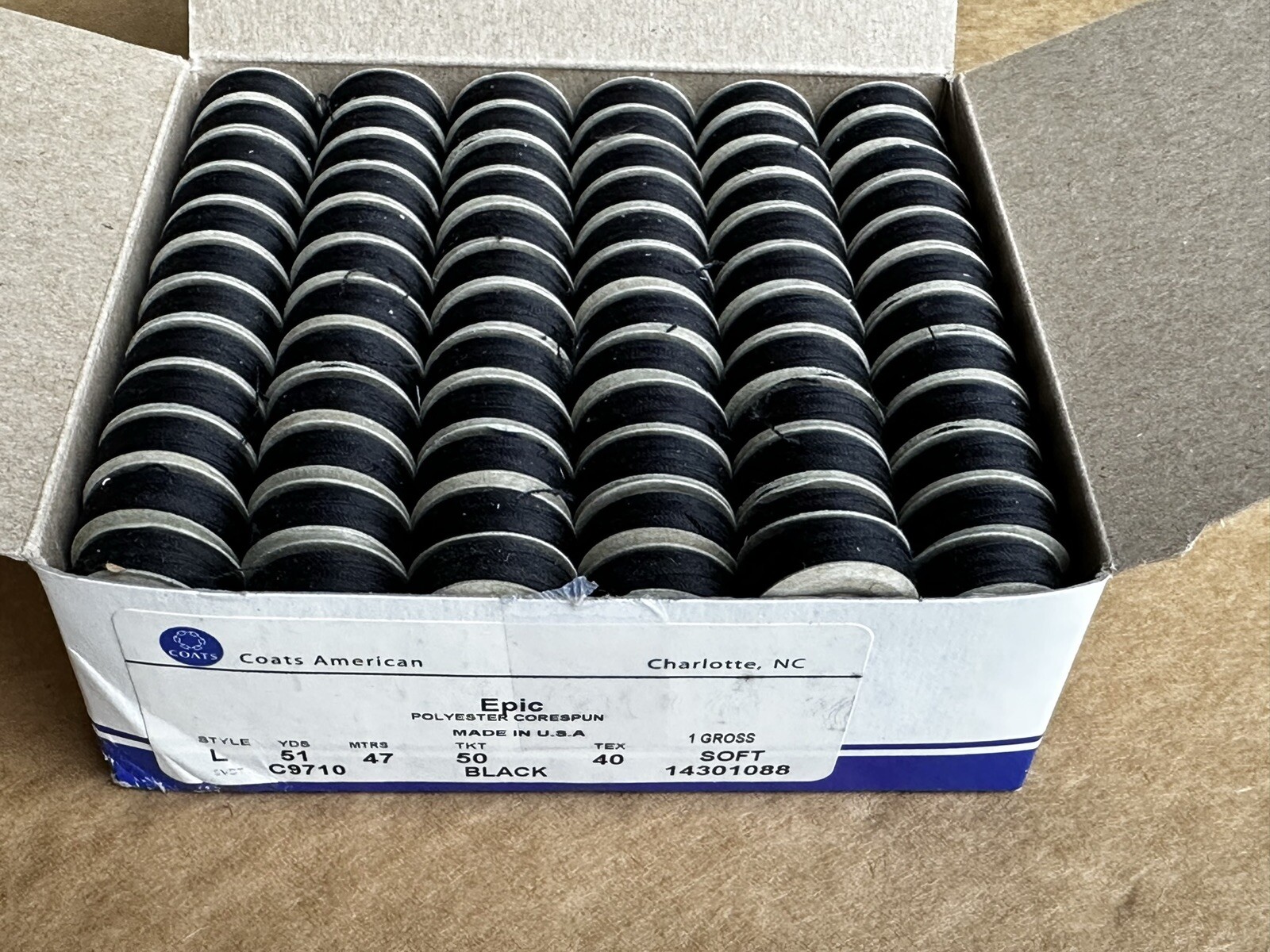 Coats Prewound Bobbins Size L 144pcs Black Tex40 Epic Poly Corespun B54