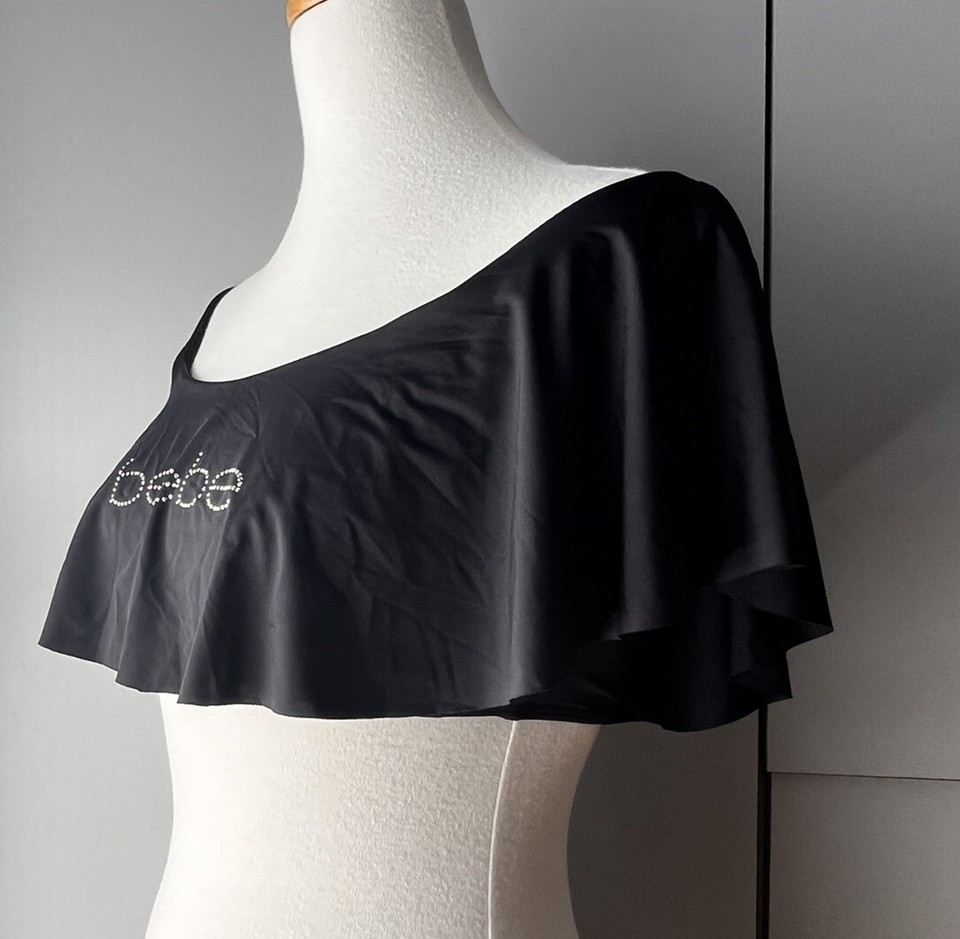 Bebe Womens Black Embellished OffTheShoulder Bikini Swim Top Bling