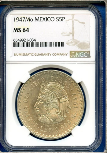 1947 Mo Mexico NGC MS64 Silver 5 Pesos S5P Cinco Pesos Coin Cuauhtemoc MS-64