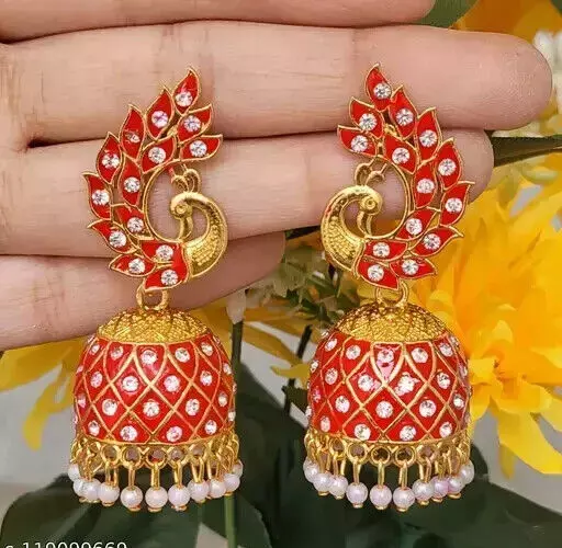 PEACOCK ZIRCON HAND-PAINTED SLA JHUMKA EARRINGS -RED & WHITE – The Shopping  Tree