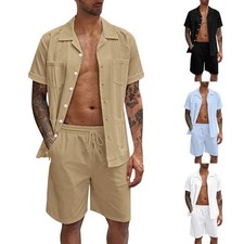 Men's 2Pc Summer Sports Short Sleeve Shorts Set Linen Loose Casual Shirt Set