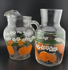 Vtg Anchor Hocking Orange 1 Quart Glass Juice Pitcher W/ Ice Lip 8” And Carafe 