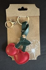 Cherry Heart Keychain Bag Charm Leather Style Accessory Red, Green, Gold