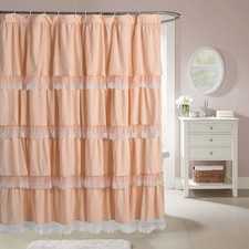 Elegant Peach Pink Shower Curtain with Handmade Ruffles and Lace Trim, 72" x ...