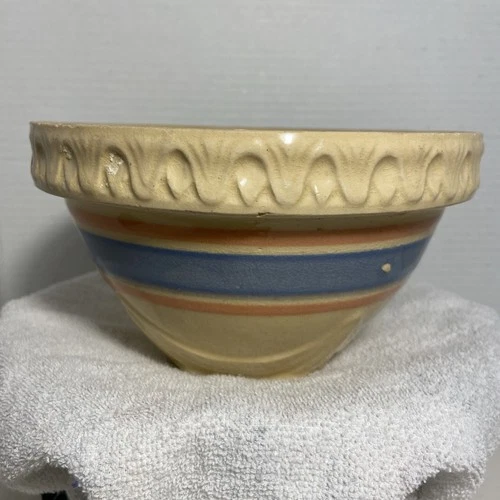 Vintage  Large 9.5" Mixing Bowl Yellow Ware Pink & Blue Stripes McCoy 1930's
