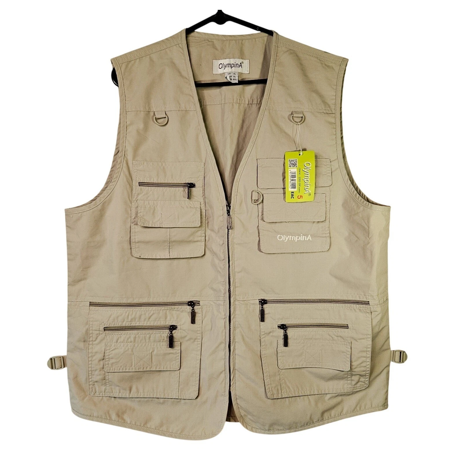 Men's Fishing Hunting Travel Khaki Tan Multi Pocketed Vest XL 14 Pocket OlympinA