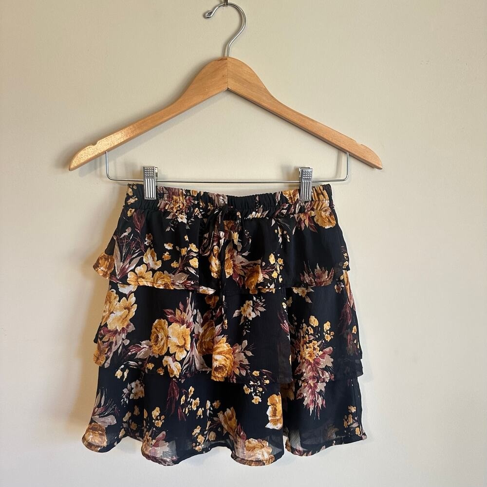 Mini Skirt Women's XS Black Boho Floral Cottagecore Layered Ruffle Fall Festival-image