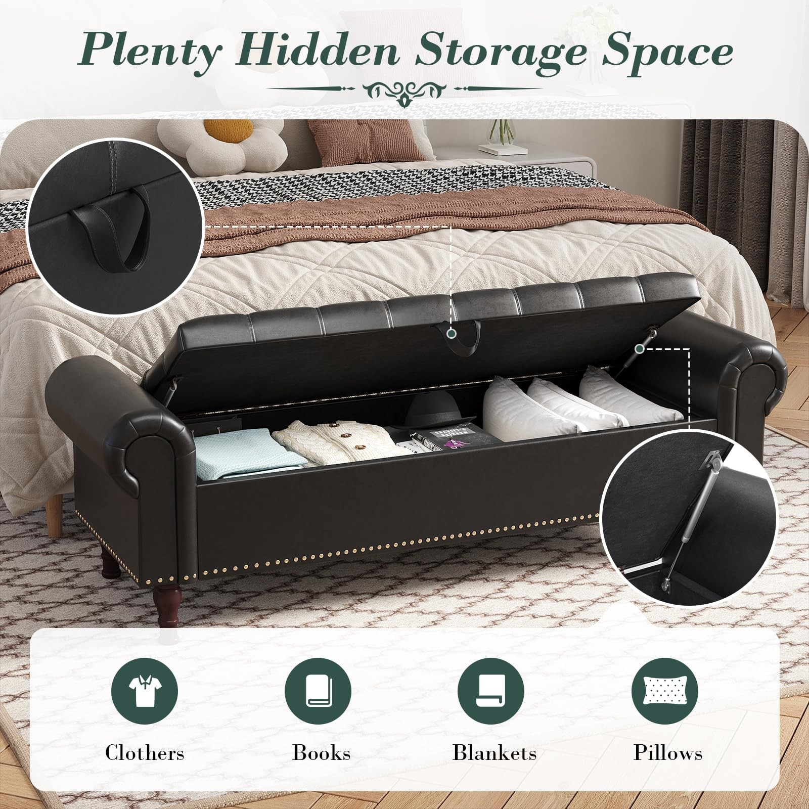 PU Leather Black Large 60 Inch Storage Bench For Bedroom End Of Bed Queen Size