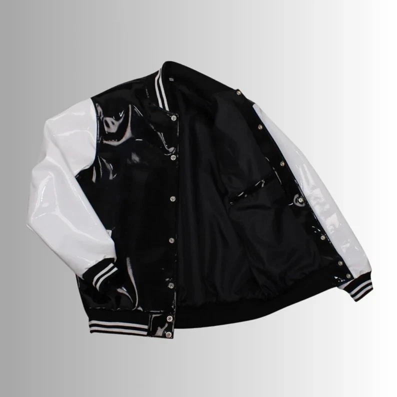Handmade Black & White Vinyl PVC Varsity Jacket Shiny Baseball Letterman Jacket - Image 3 of 4
