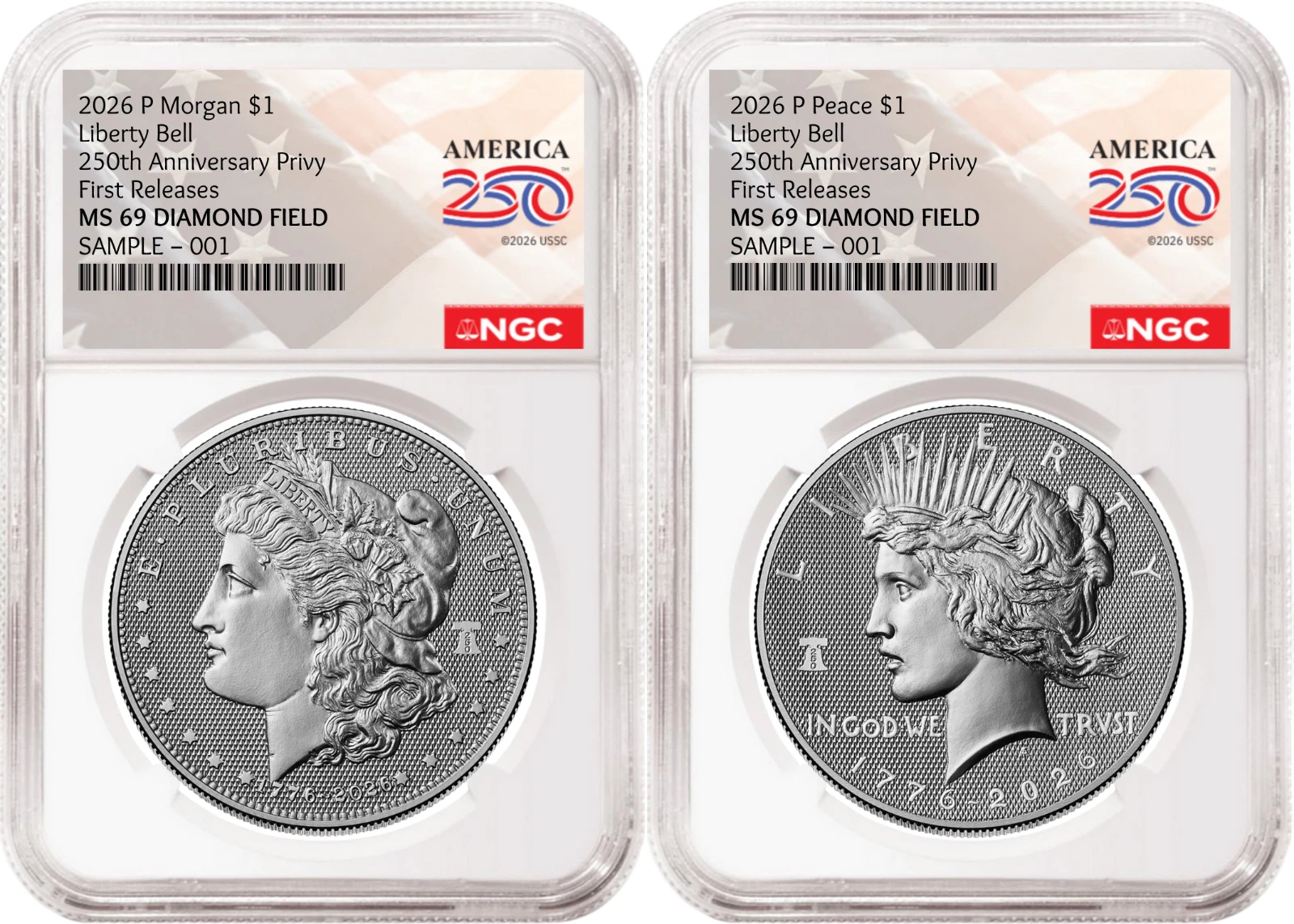 2 Coin Set 2026 Morgan Peace Diamond Field 250 Privy NGC MS69 FR Flag Presale3 image 1