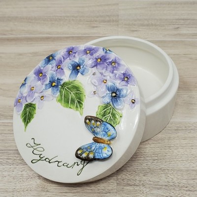 Vintage Floral Trinket Ring Jewelry Box Blue Purple Hydrangea Butterfly Ceramic
