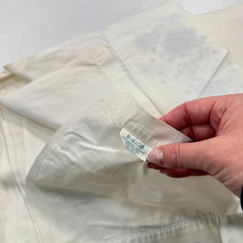 vintage fieldcrest double flat sheet blue floral edge cotton mcm retro - Image 4 of 4