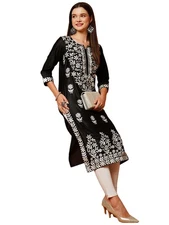 GoSriKi Women's Cotton Blend Straight Chikankari Embroidered Kurta