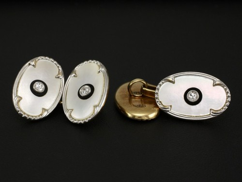 Antike Diamant Perlmutt Manschetten Knöpfe ca. 0,20ct 585/- Gelbgold & Weißgold - Bild 3 von 7