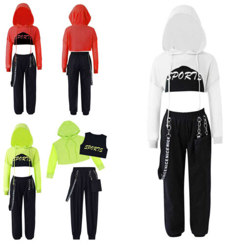 Girls 3Pcs Hip-hop Street Dance Outfit Hoodie Crop Top Cargo Pants Jazz Costume - Picture 1 of 38