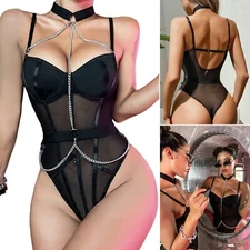 Women's Mesh Bodysuit Sexy Halter Chain Jumpsuit Leotard Tops Shirts Underwear