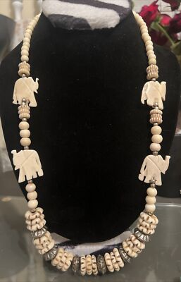 Vintage Elephant Bone Beaded Necklace Silver Tone Tribal Animal