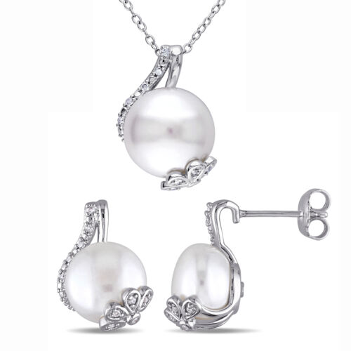Amour Sterling Silver Cultured FW Pearl Diamond Flower Necklace & Earrings Set - Afbeelding 1 van 5