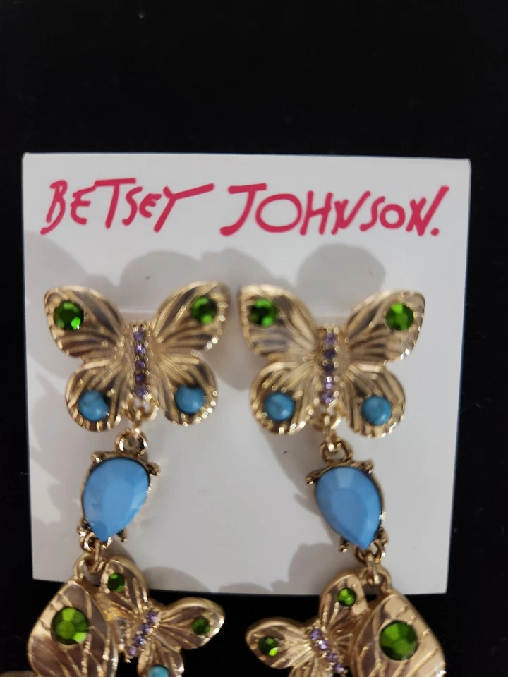 Betsey Johnson Gold Tone Green Purple Blue Butterfly Large Drop Earrings NWT - Image 2 of 4
