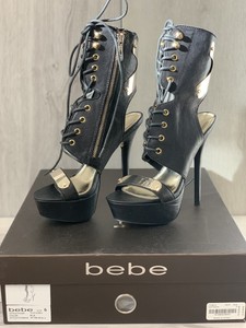 Bebe Natasha Metal Lace Up Leather Black Sandals Size 6 New Ebay
