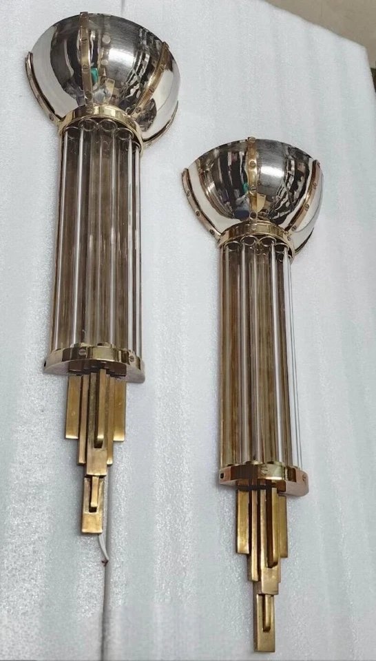 Pair of Antique Vintage Skyscraper Art Deco Wall Sconces – Nickel Brass & Glass - Image 4 of 4