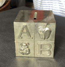 Vintage Silver Plate Toy Alphabet Block Coin Bank Cube
